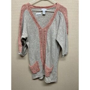 Soft Surroundings Cotton Linen Crochet Top Gray Orange‎ Tunic Sweater Women's XL